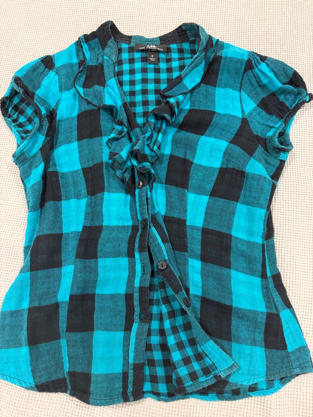 I.N. San Francisco Teal and Black Plaid Ruffle Button-Front Top